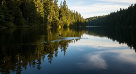 Obraz premium Peaceful lake with mirror reflection of pine forest under evening light in wilderness