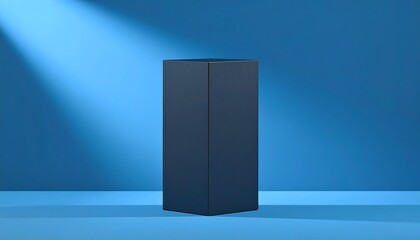 A modern, minimalist, -style presentation displays a blank, dark gray cube against a vibrant, saturated blue backdrop.