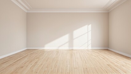 Obraz premium Bright and minimalist empty room featuring light wooden floors and clean, neutral-toned walls