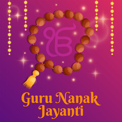 Guru Nanak celebration banner with prayer beads and  Sikh symbol Ik Onkar. Indian religious festival background. Vector illustration