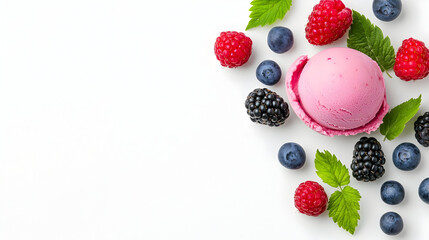 Raspberry sorbet topped with blueberries, blackberries, and fresh mint leaves