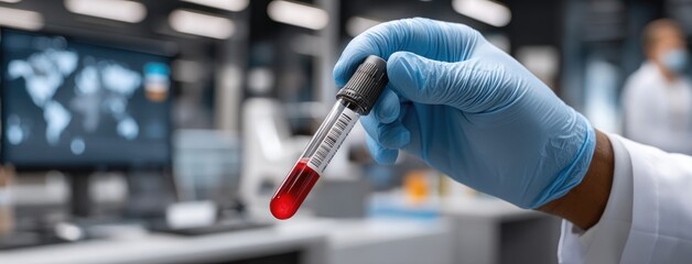 Laboratory technician conducting blood analysis in modern lab setting with advanced equipment and safety measures during daytime operations