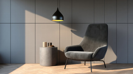 Velvet chair in minimalist loft with soft sunlight, modern pendant lamp and round side table create calm and stylish atmosphere