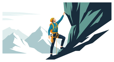 Adventurous Climber Scaling The Rocky Mountain Peak With Safety Gear For A Great Adventure