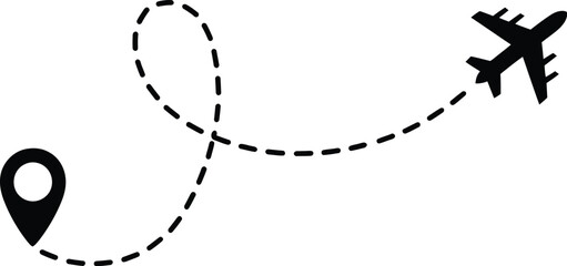Airplane journey path from location pin simple line graphic icon