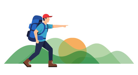 Fototapeta premium Adventurous Hiker Embarks On Trail With Backpack, Pointing Toward Vista and Setting Sun