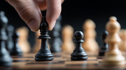 Plan leading strategy of successful business leader concept, Hand of player chess board game putting black pawn