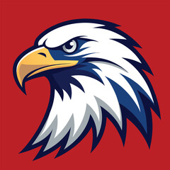 Stylized eagle head logo with white blue and red colors on red background Keywords: eagle, head, logo