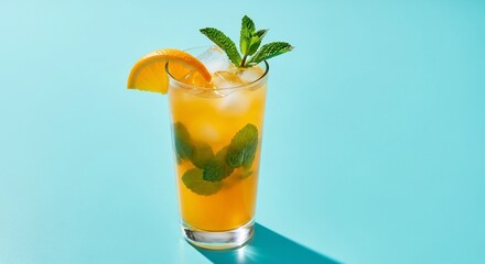Fototapeta premium Refreshing Orange Mojito - Vibrant Cocktail with Mint and Ice on Turquoise Background.