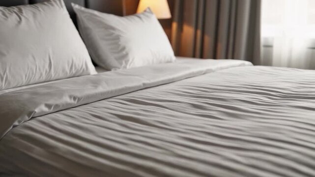 Pristine white sheets carefully smoothing over king size bed, exemplifying meticulous hotel room preparation with inviting comfort for upcoming guest relaxation