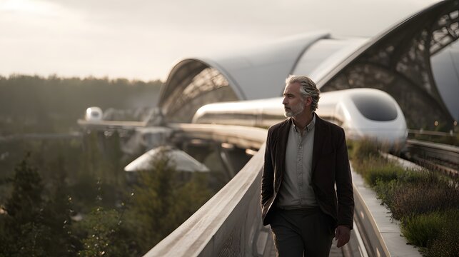 A middle-aged white man with salt-and-pepper hair wearing a smart-casual outfit walking along a platform with a levitating train arriving. Open-air station with futuristic architecture and greenery.