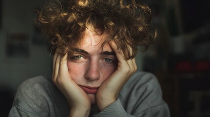 Portrait of a sad young man with curly hair looking at the camera, mental health concept.