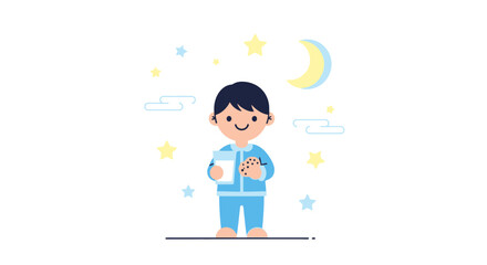 Boy In Pajamas Holding Milk And Cookie Under A Moon And Stars, Cute Illustration