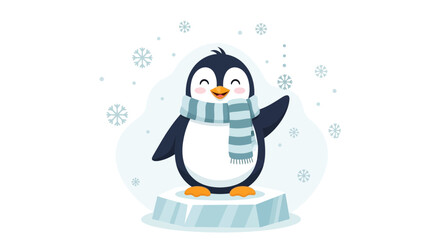 Cheerful Penguin In A Scarf Waving And Standing On Ice During Winter Season