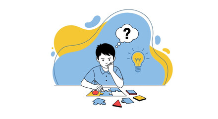 Boy Pondering Puzzle's Solution With Idea Bulb Illustration And Symbolic Thought Bubble
