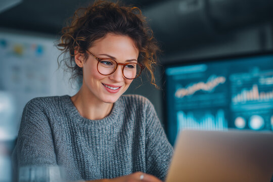 Woman using computer work online. Smiling busy businesswoman working on laptop pc sitting at desk in office