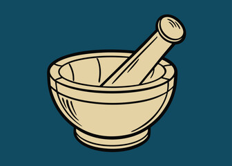 Vintage style wooden mortar and pestle detailed drawing for grinding herbs and spices