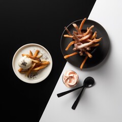 Modern Food Photography of Crispy Hand-Cut Fries with a Scoop of White Ice Cream and Dark Sprinkles on a Cream Plate, Paired with a Black Bowl of Fries and a Pink Whipped Dessert