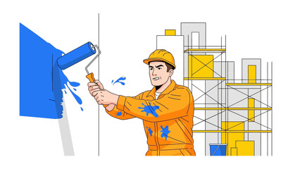 Painter and Construction: A skilled painter, clad in a protective overall and hardhat, meticulously applies vibrant paint to a wall on a construction site, with scaffolding
