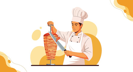 Chef Carving Delicious Shawarma, Showcasing Culinary Expertise In A Clean Illustrative Style