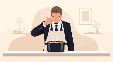 Businessman Tasting Culinary Creation In Modern Kitchen With Sophisticated Aesthetic