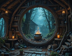 Enchanting forest dwelling with a glowing cauldron viewed through a circular window