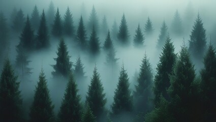 Fototapeta premium Mystical dense dark evergreen forest shrouded in atmospheric mist for nature and fantasy scenes