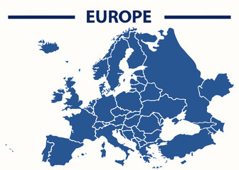 Naklejka premium Detailed Blue Europe Map with Country Borders on White Background Illustration 