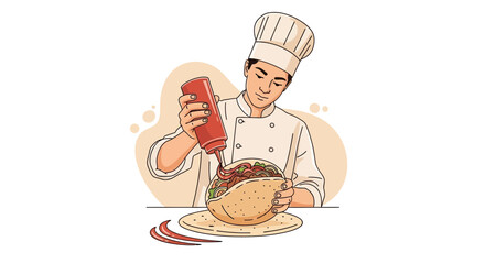 Chef Garnishing a Delicious Shawarma with Sauce for Culinary Excellence