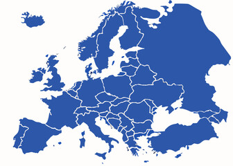 Detailed Blue Europe Map with Country Borders on White Background Illustration   © Pixel Verses