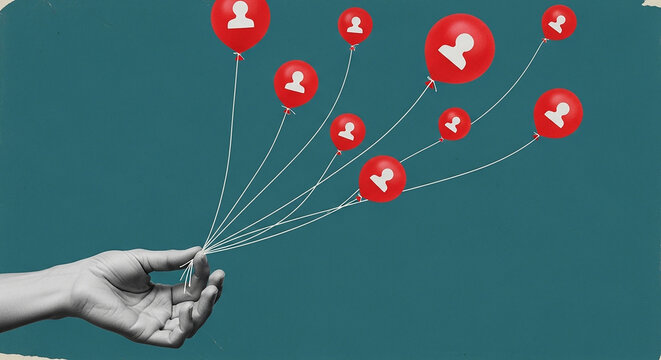 Connected Community A Hand Holding Balloons Representing People in Digital Networks and Social Connections Friendship