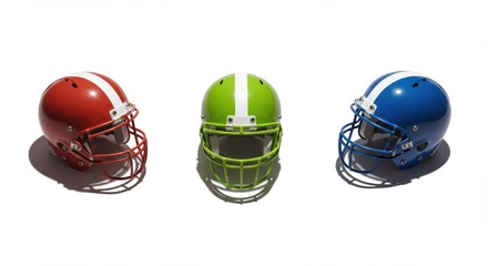 Fototapeta premium Vibrant Red, Green, and Blue American Football Helmets with White Stripes, Studio Shot on White