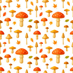 Seamless autumn mushroom patterns in vintage watercolor style. Colorful forest fungi with leaves create cozy seasonal design, perfect for textiles, packaging, wallpaper, wrapping paper and decor.