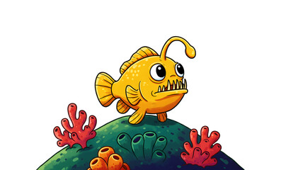 Naklejka premium かわいい深海魚イラスト 海の生き物 サンゴ礁背景