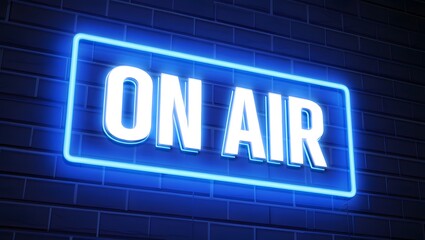 Obraz premium A glowing blue neon sign reading ON AIR mounted on a dark brick wall, indicating a live broadcast or recording in progress.