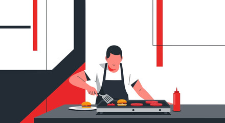 Chef Preparing Cooking Burgers on Electric Grill in Minimalistic Modern Illustrated Style