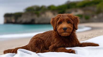 Brown dog resting on a white blanket at a sandy beach with calm waves and a scenic backdrop on a cloudy day