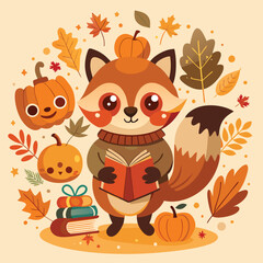 Cute Autumn Animals T-Shirt Design – Fox, Squirrel and Raccoon with Pumpkins and Books in Kawaii Fall Style