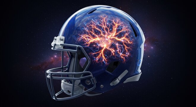 Neural Energy Inside a Football Helmet Against a Starry Background