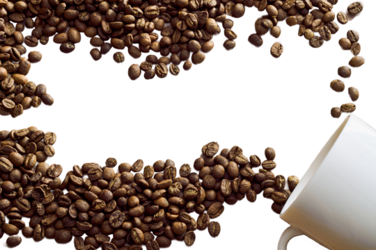 白いコーヒーカップとコーヒー豆。透過背景。