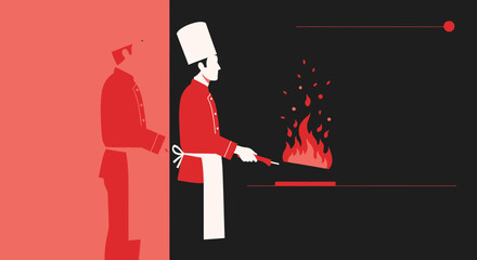 Naklejka premium Chef Preparing Food On A Pan With Fire Illustrating Cooking Skills And Restaurant