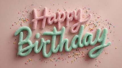 Sweet Textured Happy Birthday Message: Pink and Mint Green Letters with Scattered Sprinkles on a Light Pastel Background, Ideal for Festive Celebrations