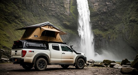 White offroad vehicle with rooftop tent parked by a waterfall in iceland