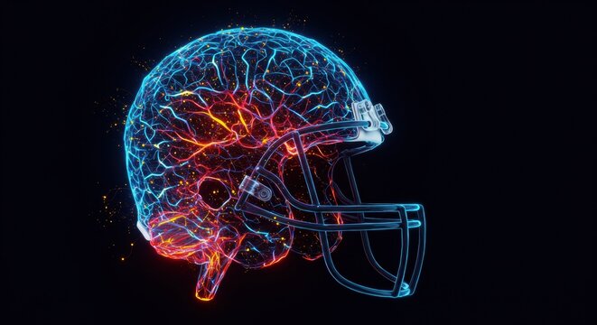 Illuminated Brain within Football Helmet: Neural Activity, Sports Concussion, and Mental Performance Concept