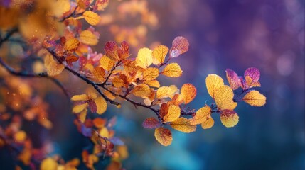 Vibrant autumn leaves glistening with morning dew on a branch