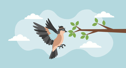 Naklejka premium Charming Cartoon Bird with a Hat Soaring Near Branches in a Whimsical Sky