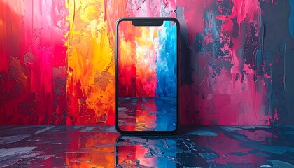 Phone displayed against vibrant abstract backdrop