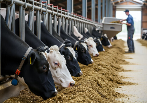 Healthy dairy cows feeding on fodder standing in row of stables in cattle farm barn with worker adding food for animals in blurred background. Concept of farming business and taking care of livestock