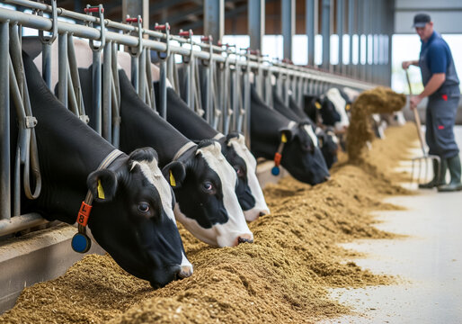 Healthy dairy cows feeding on fodder standing in row of stables in cattle farm barn with worker adding food for animals in blurred background. Concept of farming business and taking care of livestock