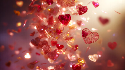 Obraz premium Close-up macro photograph of floating pink, red, glittery heart confetti